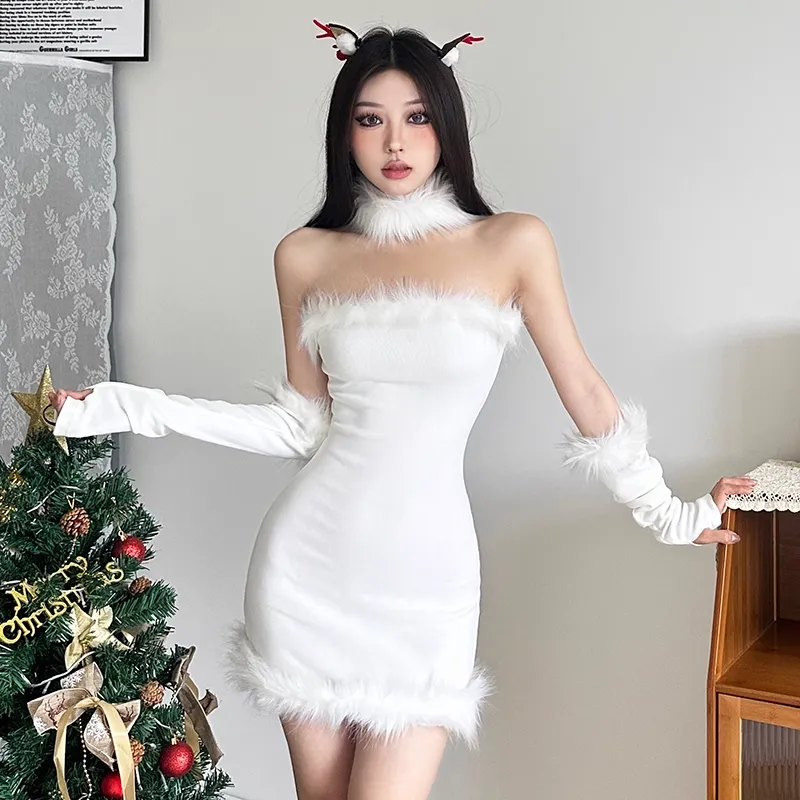 - Christmas limited plush trim tube top dress GEU879