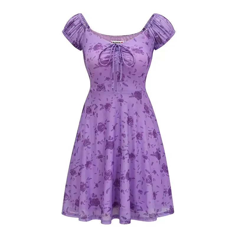 - Sexy retro purple rose deep V-neck dress GEU1295