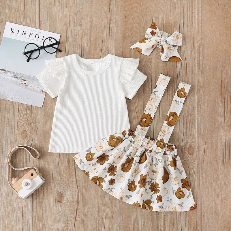 3Pcs Baby Fashion Lace Solid T-shirt Sling Flower Skirts Headband Sets