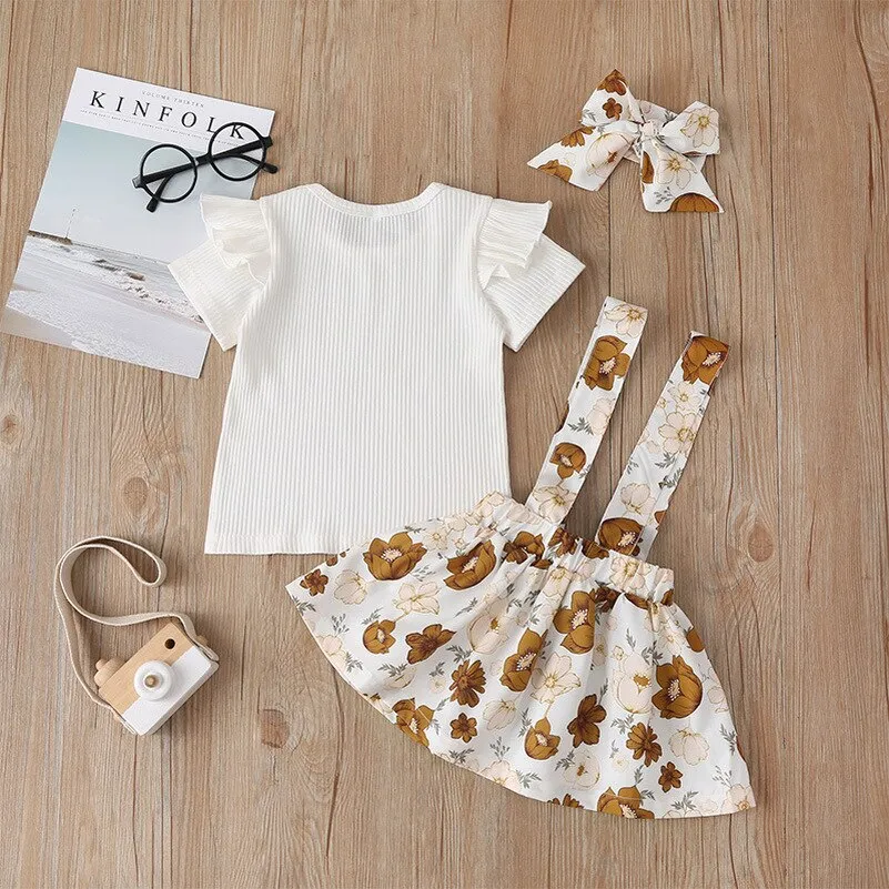 3Pcs Baby Fashion Lace Solid T-shirt Sling Flower Skirts Headband Sets