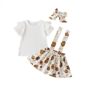 3Pcs Baby Fashion Lace Solid T-shirt Sling Flower Skirts Headband Sets