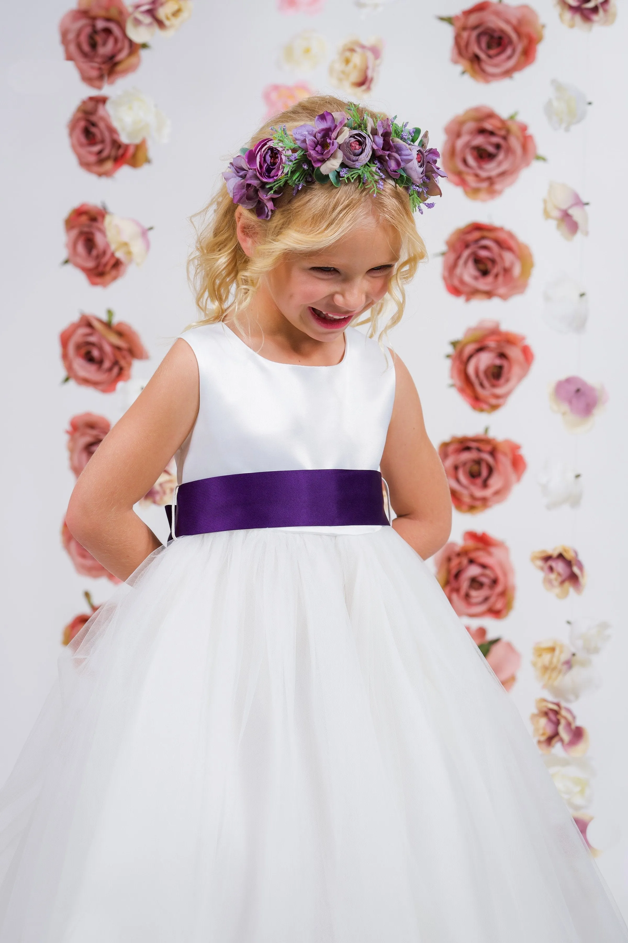 411 Satin Sash Bow Girl Dress (Ivory Dress)