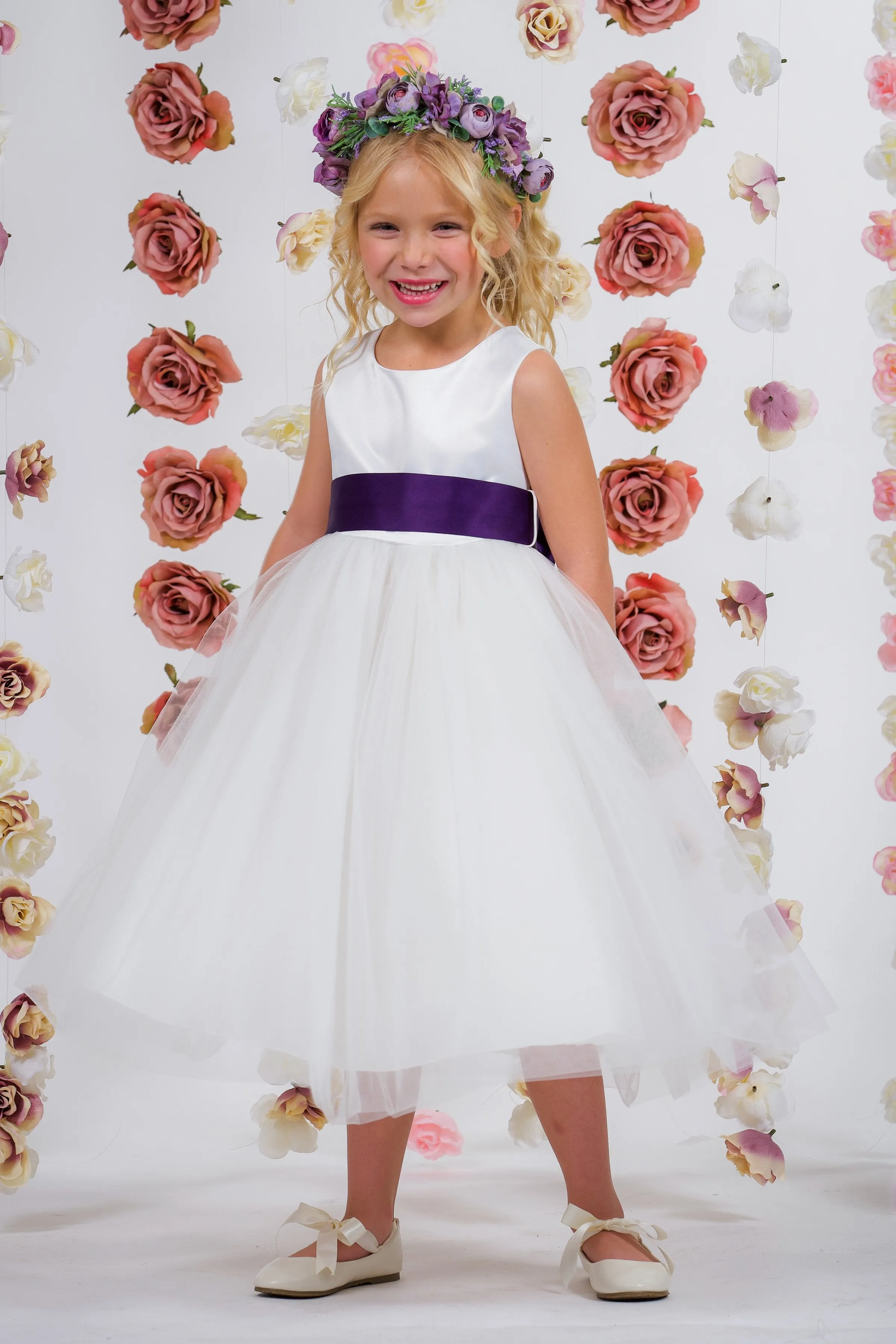 411 Satin Sash Bow Girl Dress (Ivory Dress)