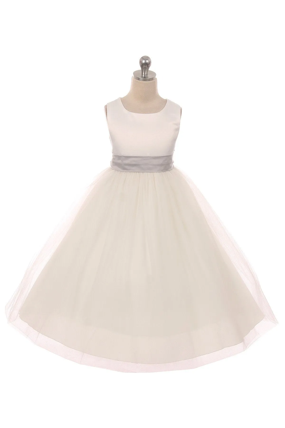 411 Satin Sash Bow Girl Dress (Ivory Dress)