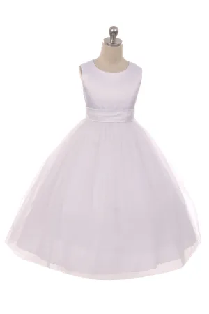 411 Satin Sash Bow Girl Dress (White Dress)