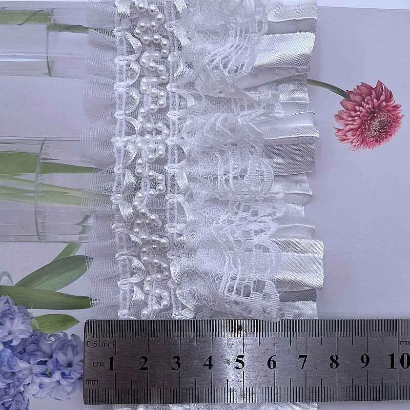 7.5cm Lolita White Satin Lace Ruffle Trim with Pearl Accents 10 Yards