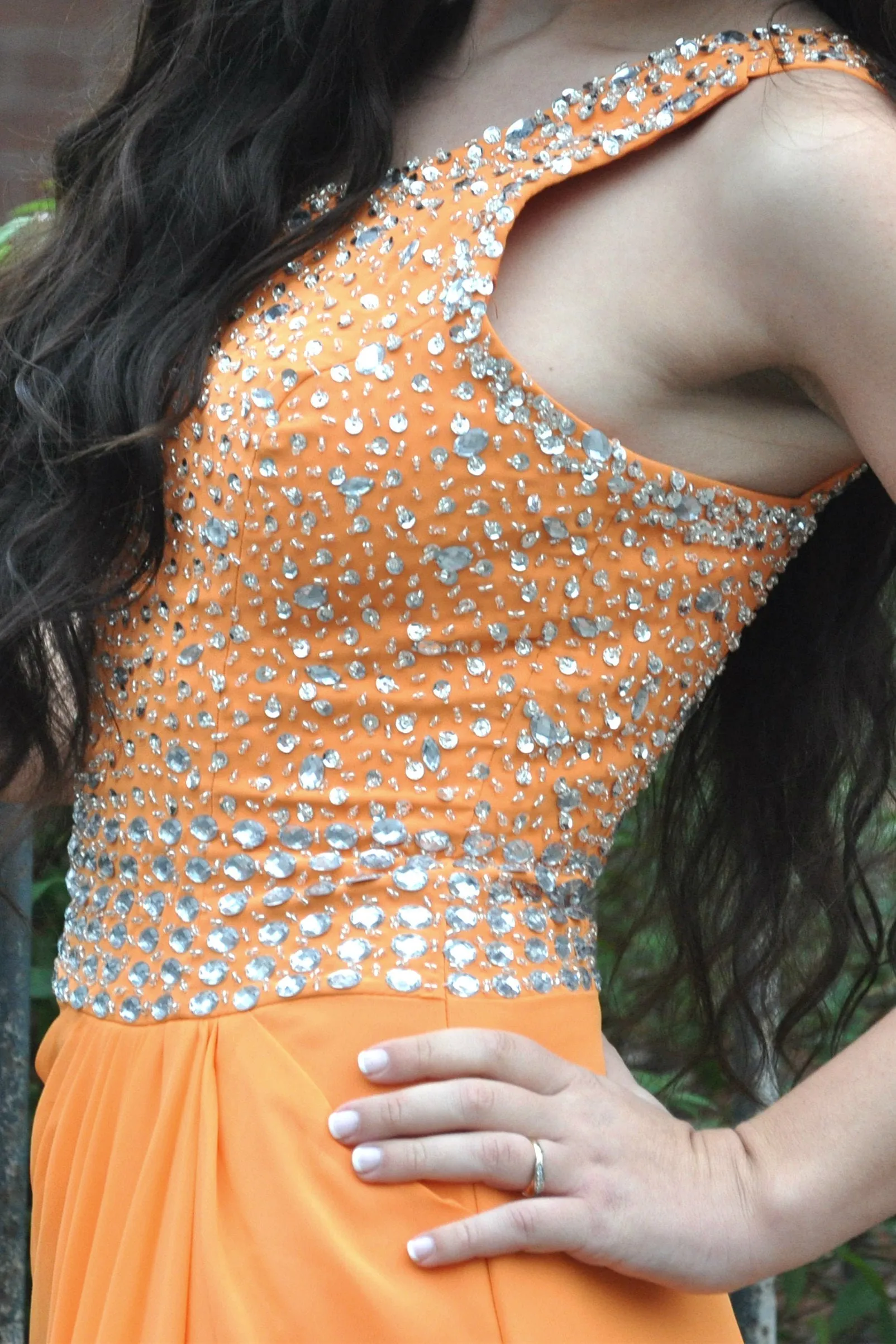 A-line One-shoulder Floor Length Chiffon Rhinestone Prom Dress