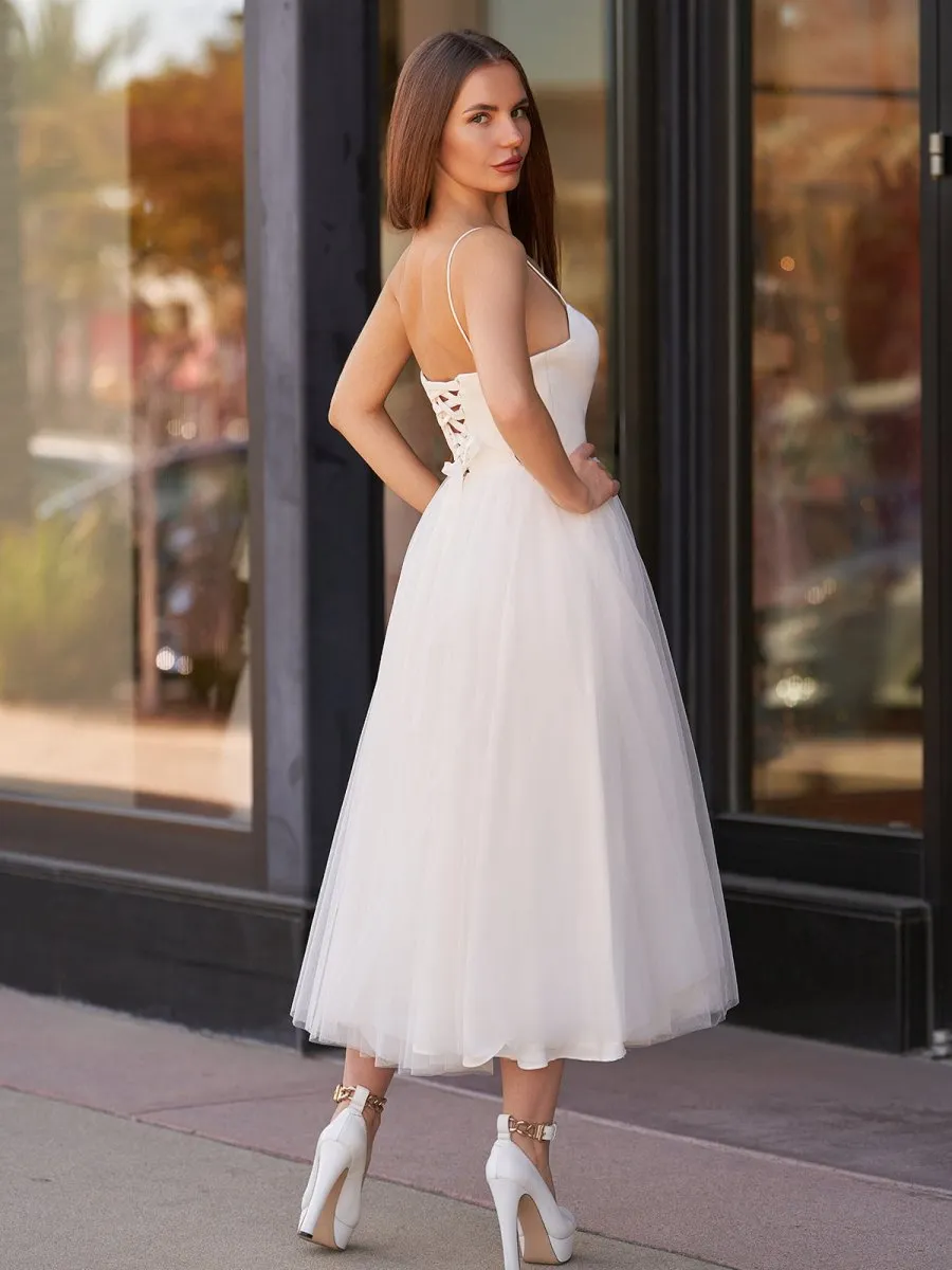 A-line Spaghetti Straps Satin Tulle Tea-Length Wedding Dresses