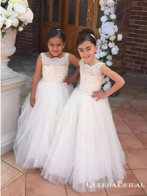 A-Line Spaghetti Straps White Floor Length Flower Girl Dresses with Appliques, QB0828
