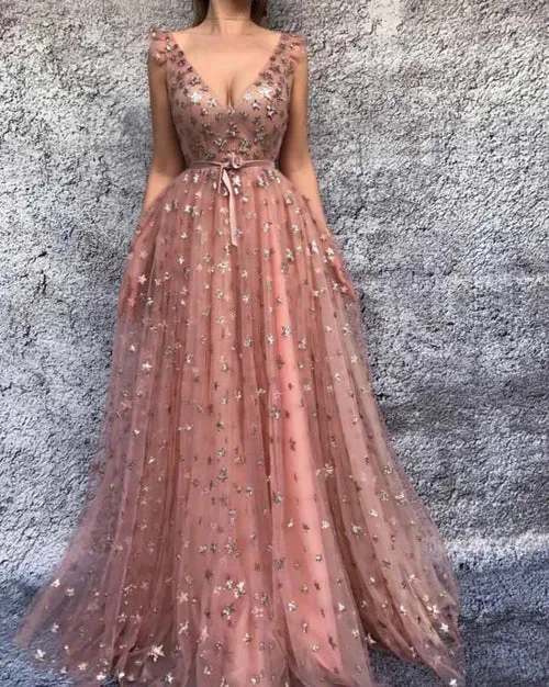 A-line V-neck Prom Dresses Pink Tulle Long Prom Dress Evening Dresses,MP524