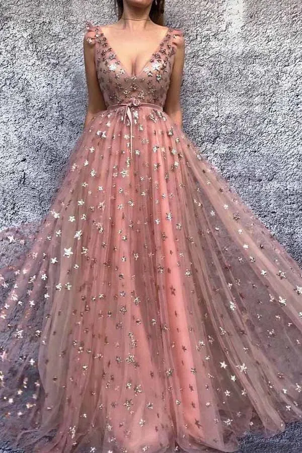 A-line V-neck Prom Dresses Pink Tulle Long Prom Dress Evening Dresses,MP524