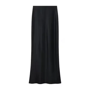 Alondrina Black Silky Zipper Fly Maxi Satin Skirt