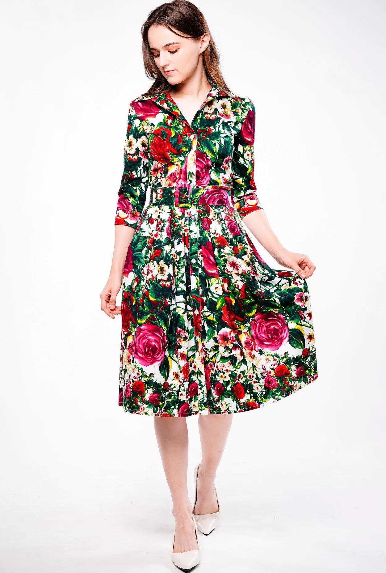 Audrey Dress #1 Shirt Collar 3/4 Sleeve Long Length Cotton Stretch (Rose Garden Small)