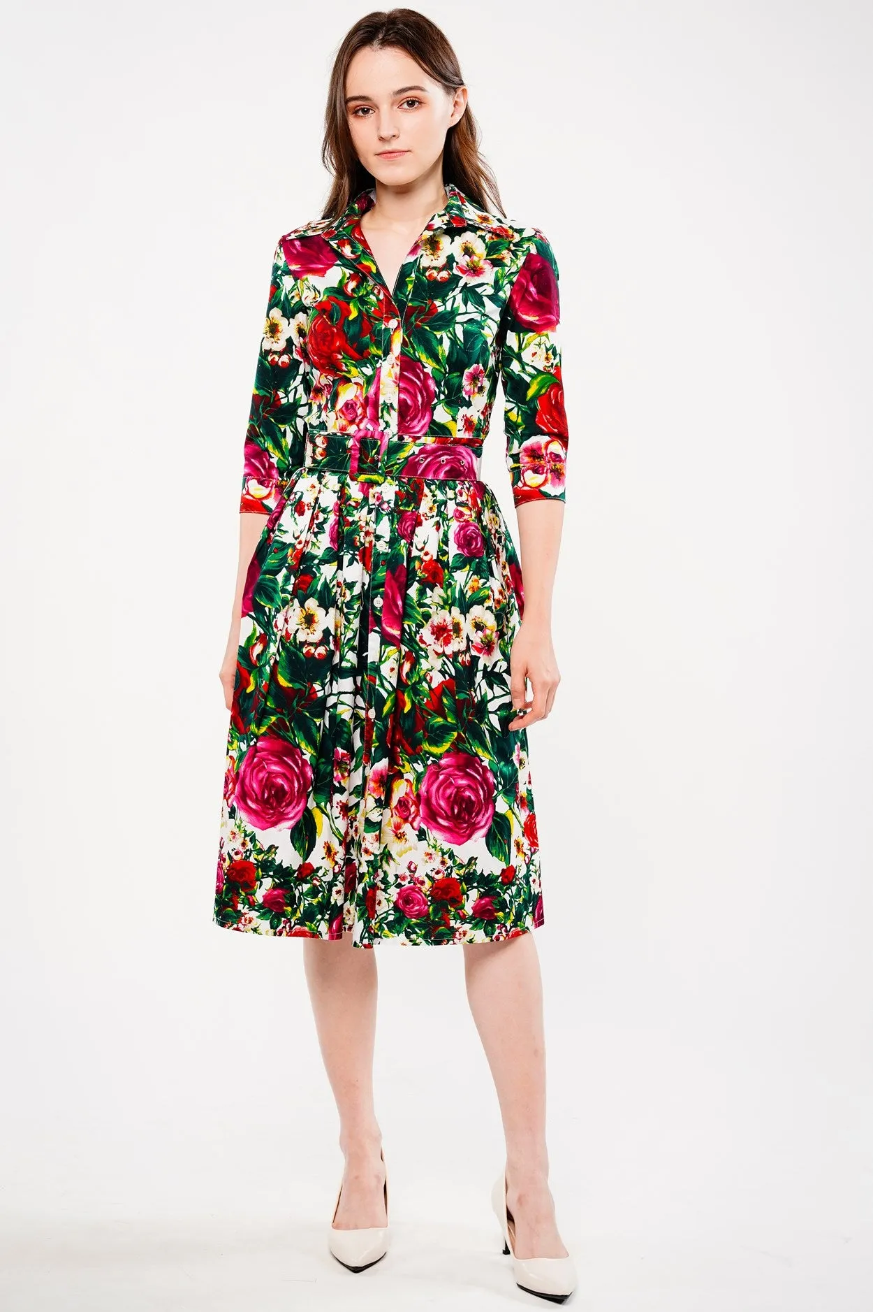 Audrey Dress #1 Shirt Collar 3/4 Sleeve Long Length Cotton Stretch (Rose Garden Small)