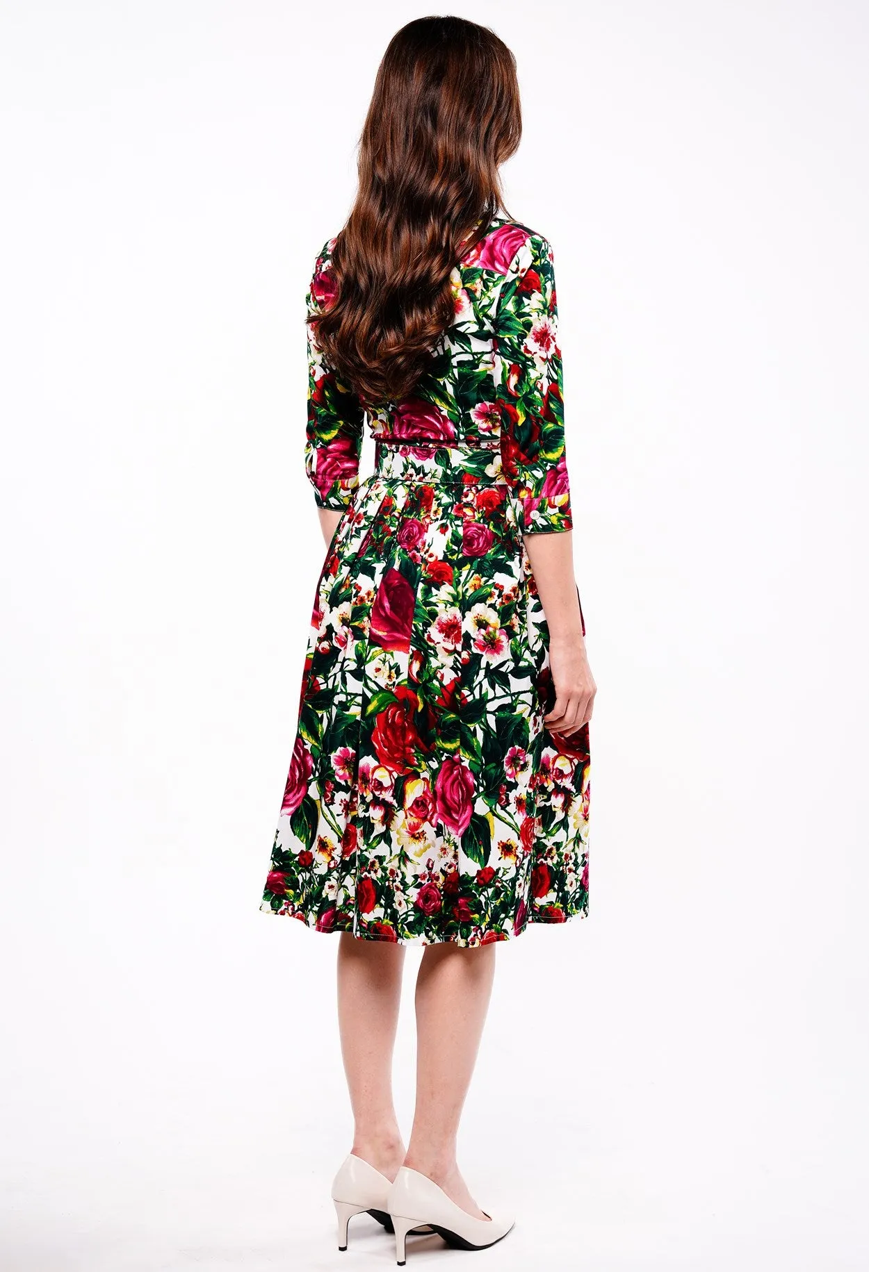Audrey Dress #1 Shirt Collar 3/4 Sleeve Long Length Cotton Stretch (Rose Garden Small)