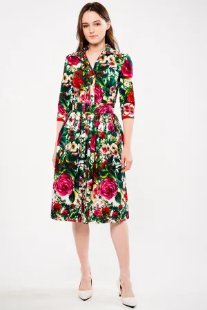 Audrey Dress #1 Shirt Collar 3/4 Sleeve Long Length Cotton Stretch (Rose Garden Small)