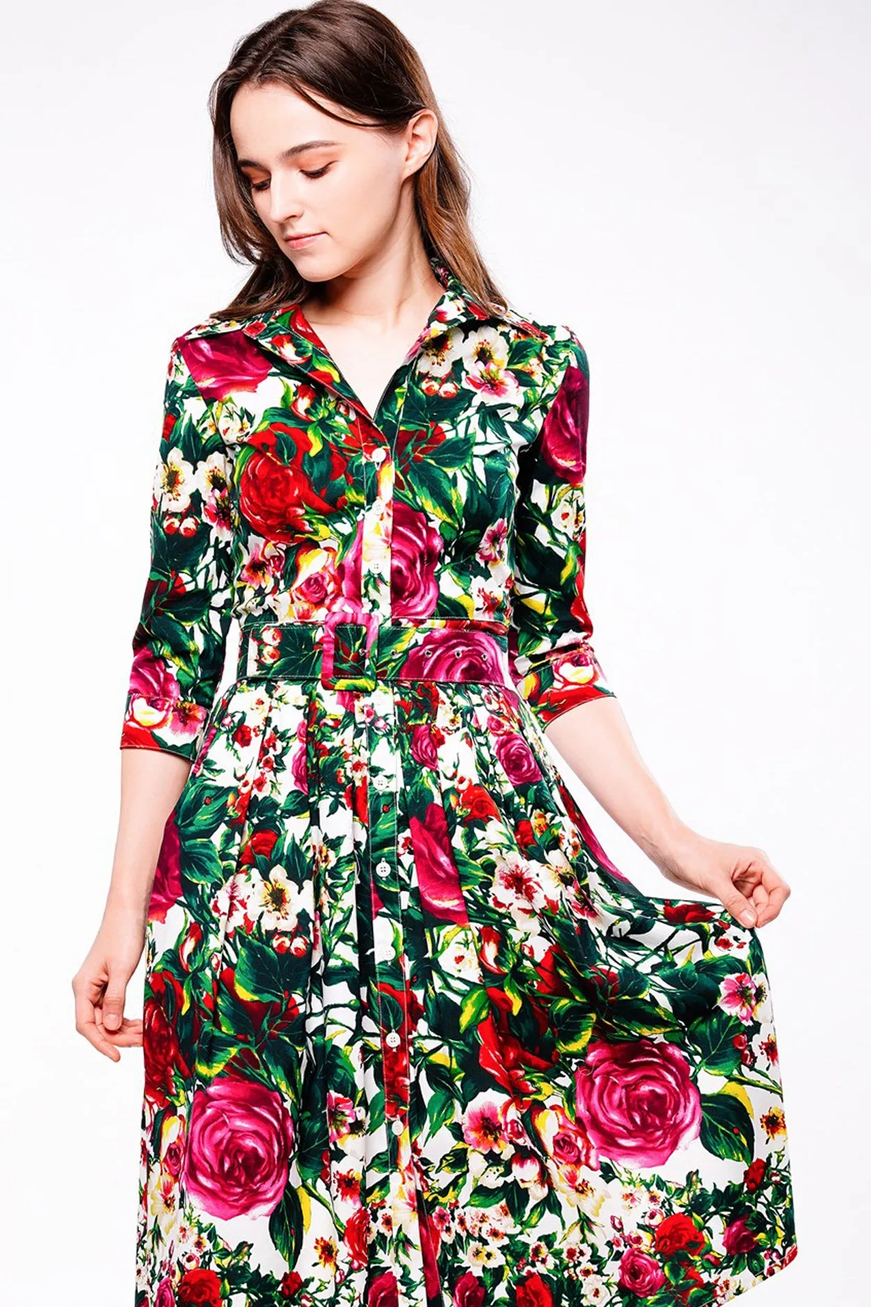Audrey Dress #1 Shirt Collar 3/4 Sleeve Long Length Cotton Stretch (Rose Garden Small)