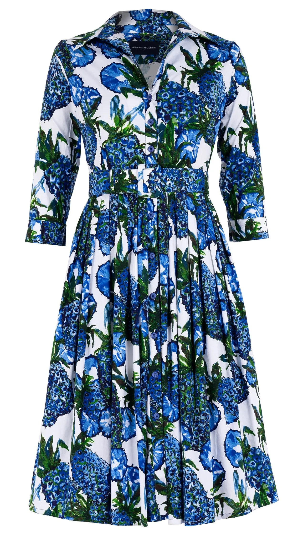 Audrey Dress #2 Shirt Collar 3/4 Sleeve Long Length Cotton Stretch (Pineapple Tree Big)