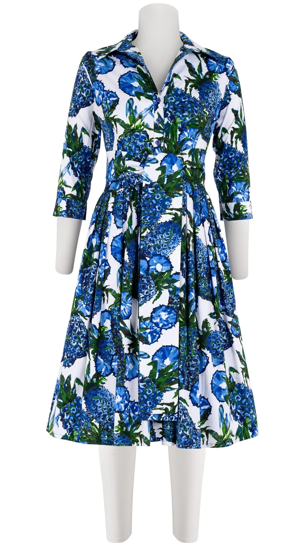 Audrey Dress #2 Shirt Collar 3/4 Sleeve Long Length Cotton Stretch (Pineapple Tree Big)