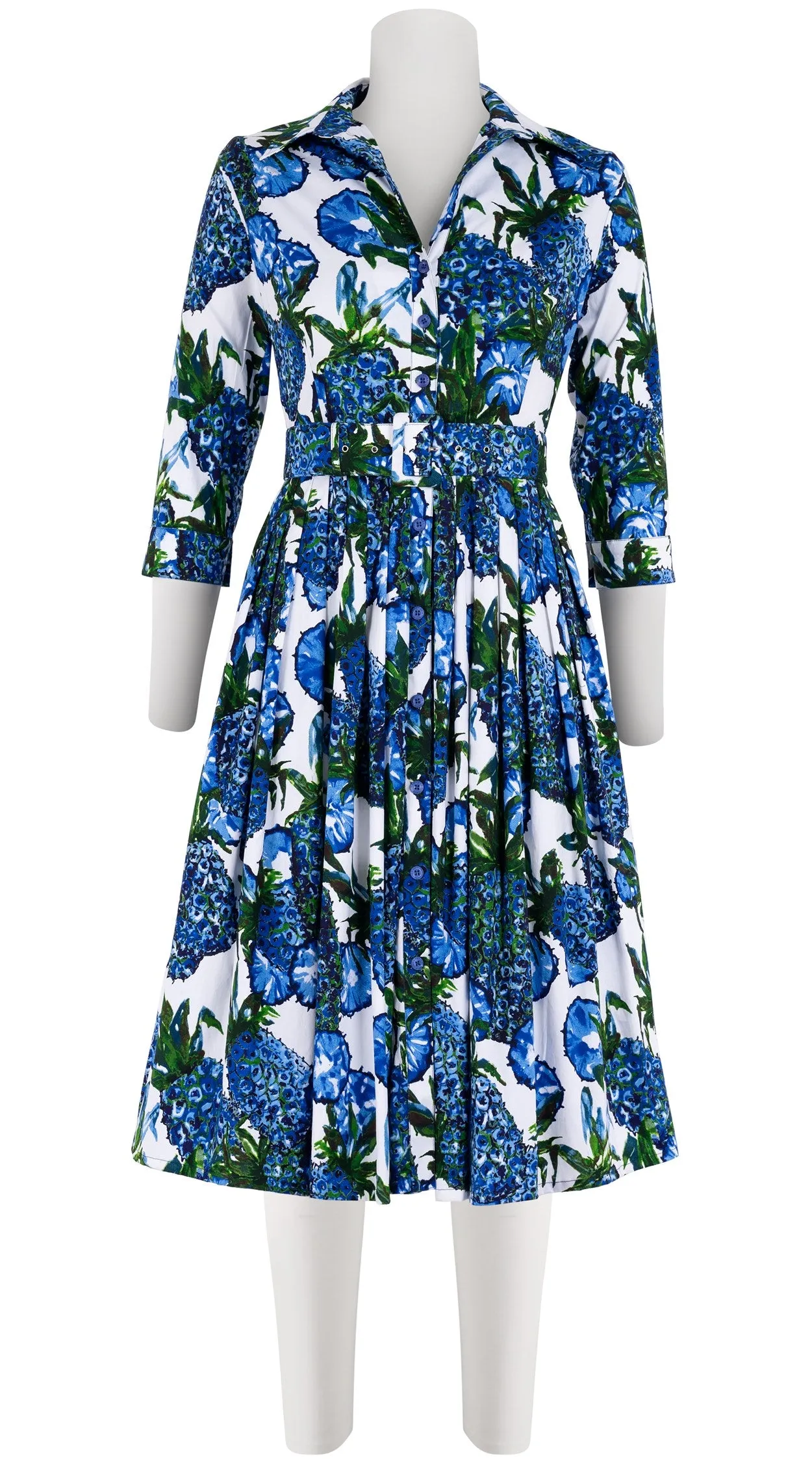 Audrey Dress #2 Shirt Collar 3/4 Sleeve Long Length Cotton Stretch (Pineapple Tree Big)