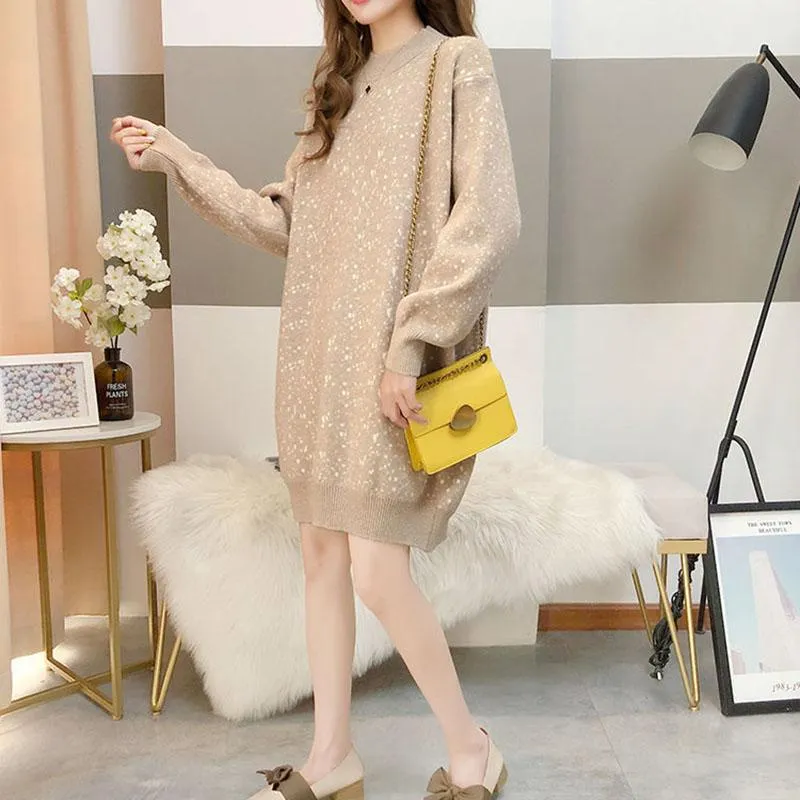 Autumn and Winter Casual Loose Dress Mid-length High-neck Thick Sweater Dress Large Size Knitted Female Base Dress