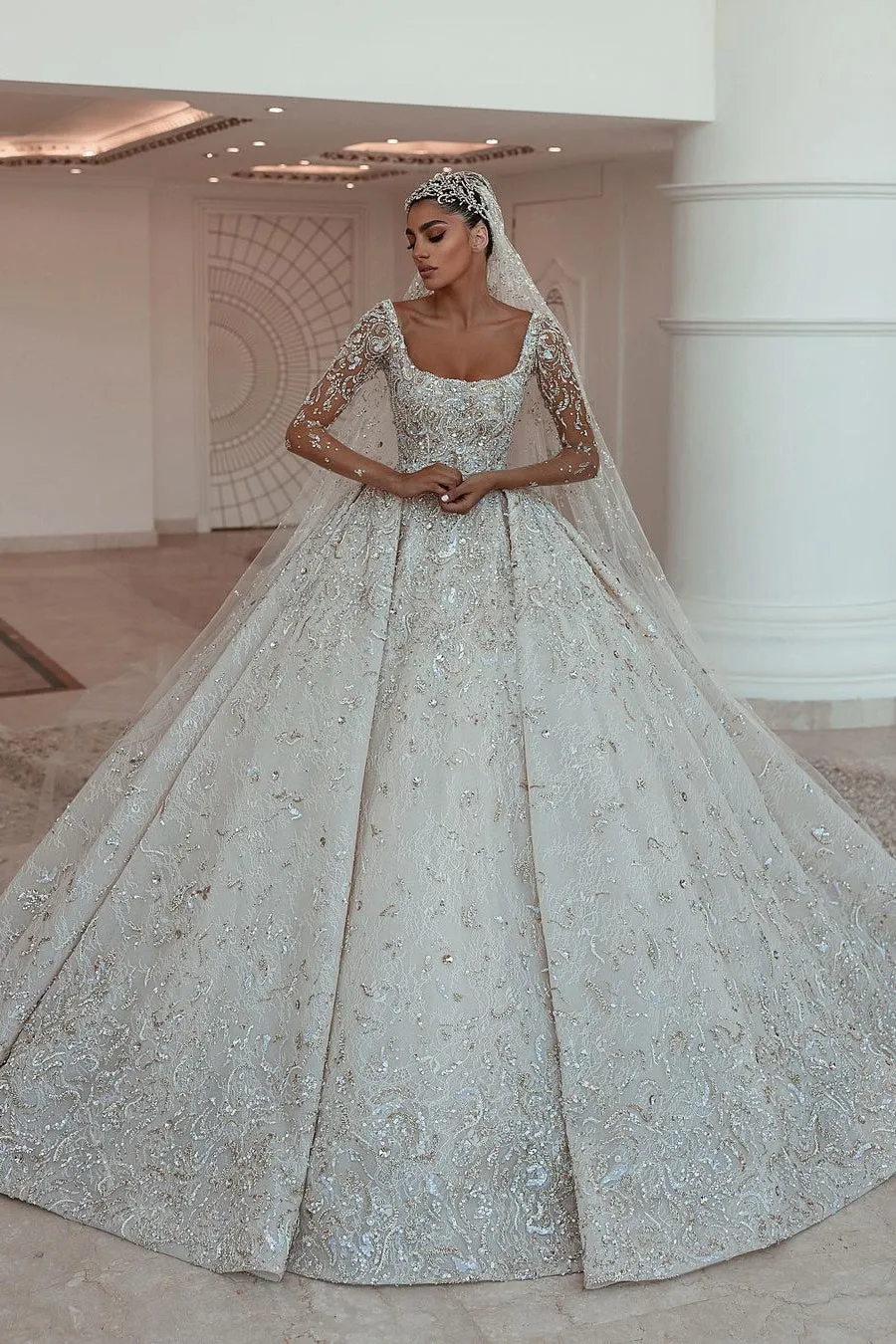 Ball gown Square neck Long Sleeves with waist skrit floor length Sparkle Beaded Wedding Dress