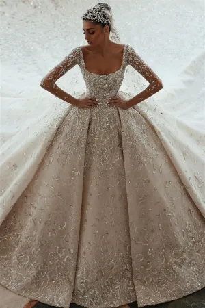 Ball gown Square neck Long Sleeves with waist skrit floor length Sparkle Beaded Wedding Dress