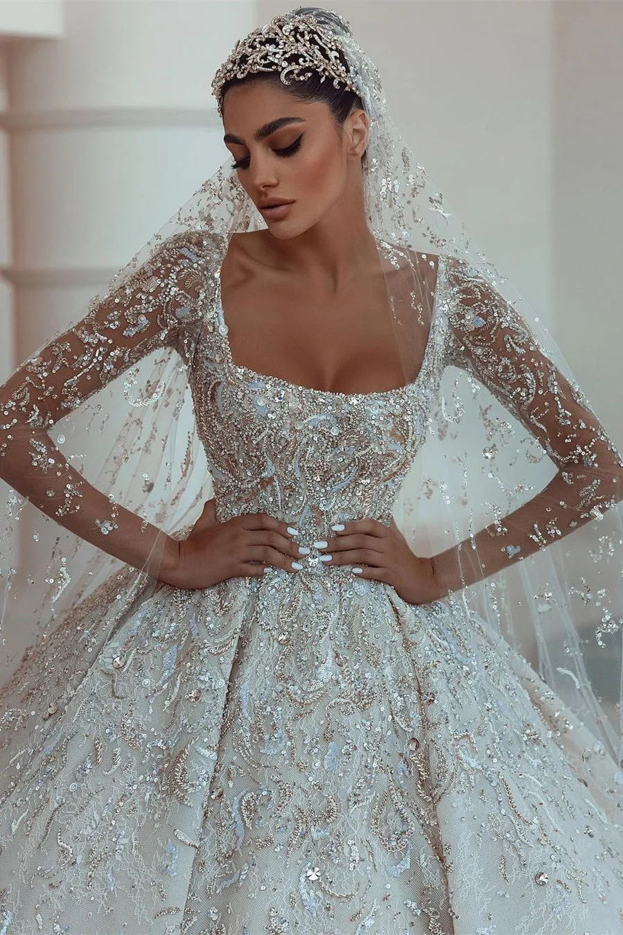 Ball gown Square neck Long Sleeves with waist skrit floor length Sparkle Beaded Wedding Dress