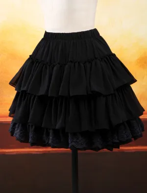 Black Chiffon Lolita Skirt Layers Ruffles Lace Trim