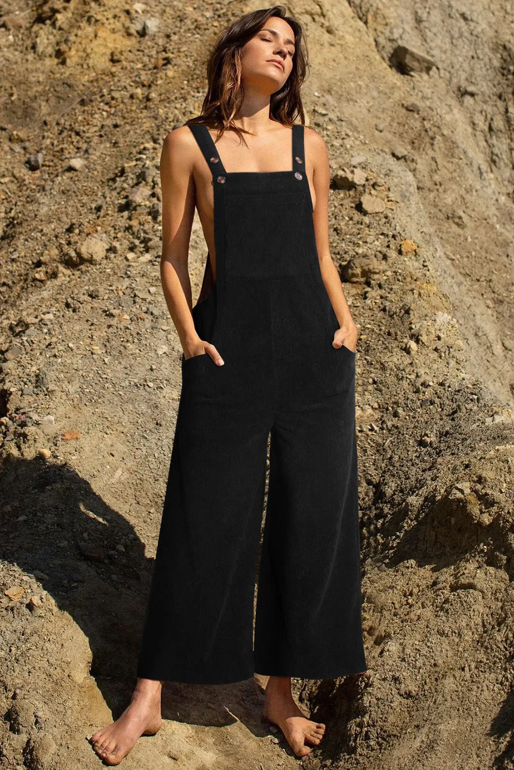 Black Corduroy Wide Leg Bib Overalls