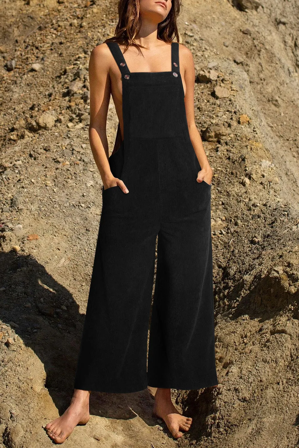 Black Corduroy Wide Leg Bib Overalls