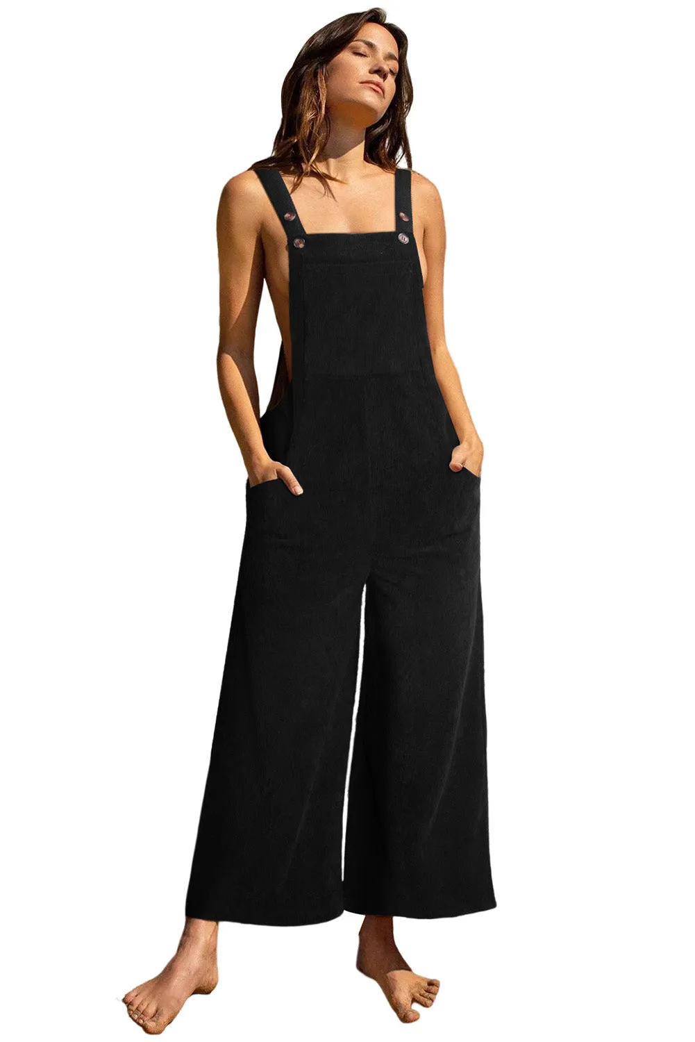 Black Corduroy Wide Leg Bib Overalls