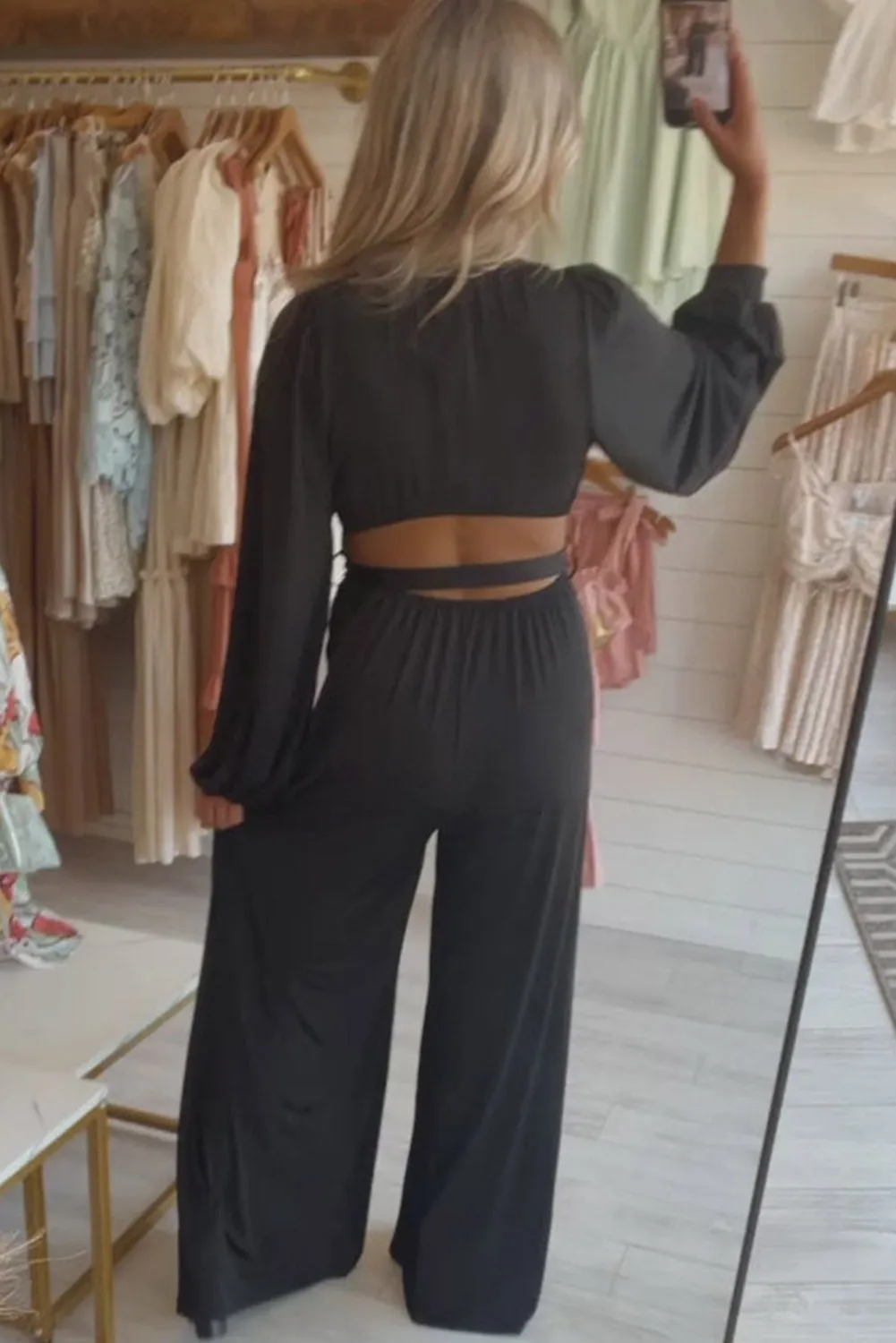 Black Cutout Back Belted Wide Leg Jumpsuit