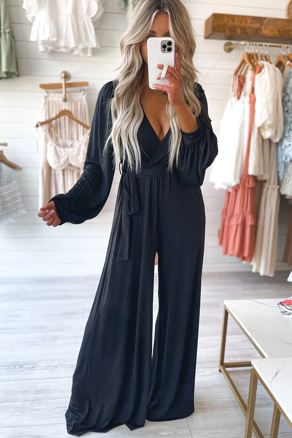 Black Cutout Back Belted Wide Leg Jumpsuit