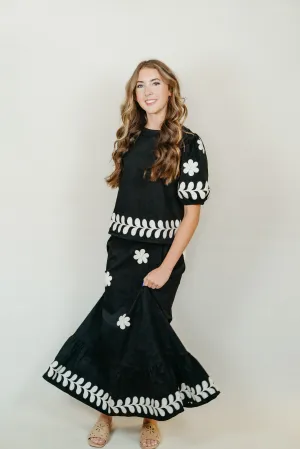 Black Embroidered Ruffled Midi Skirt S-8339-JK