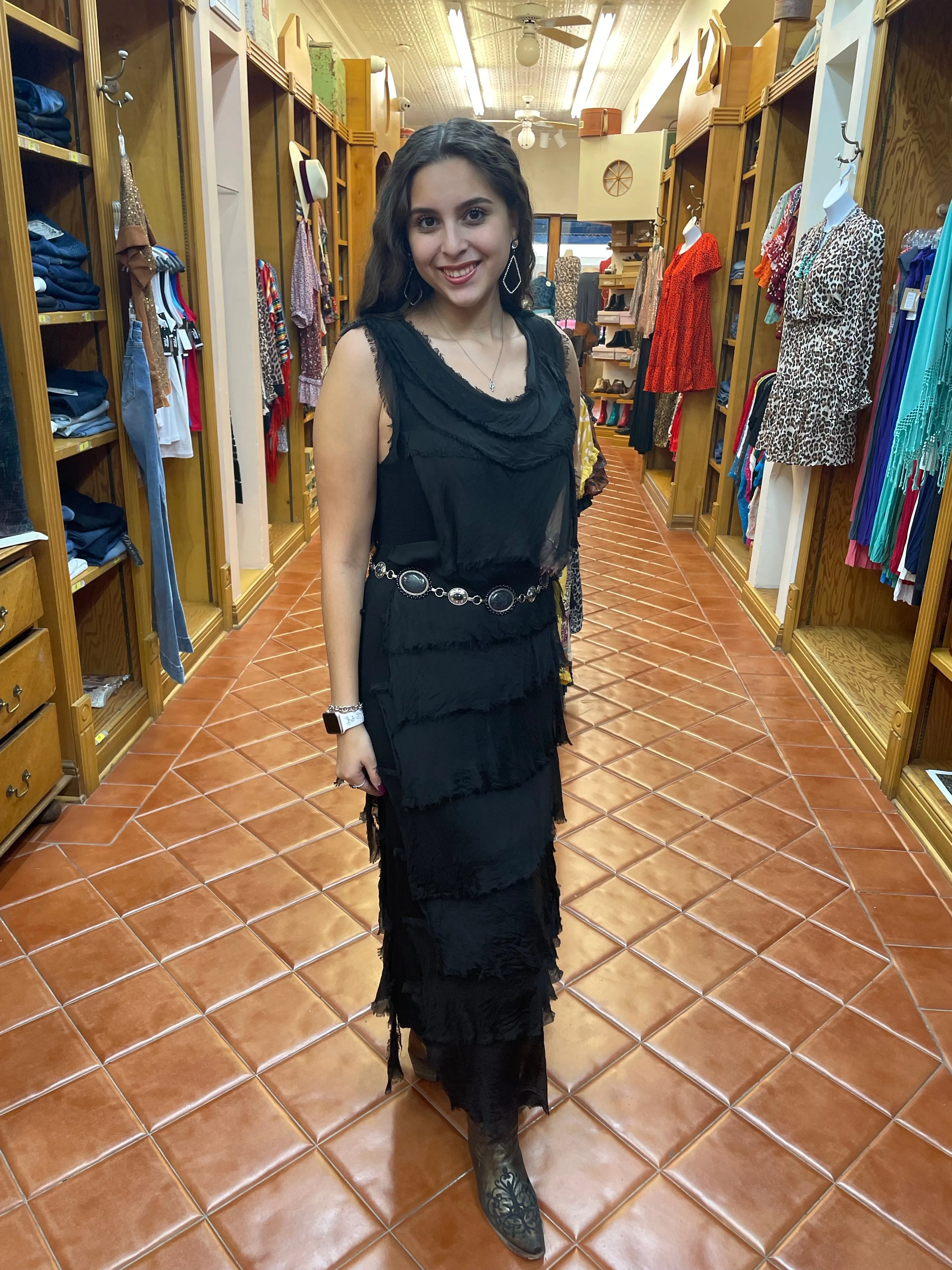 Black Silk Ankle Length Ruffle Dress