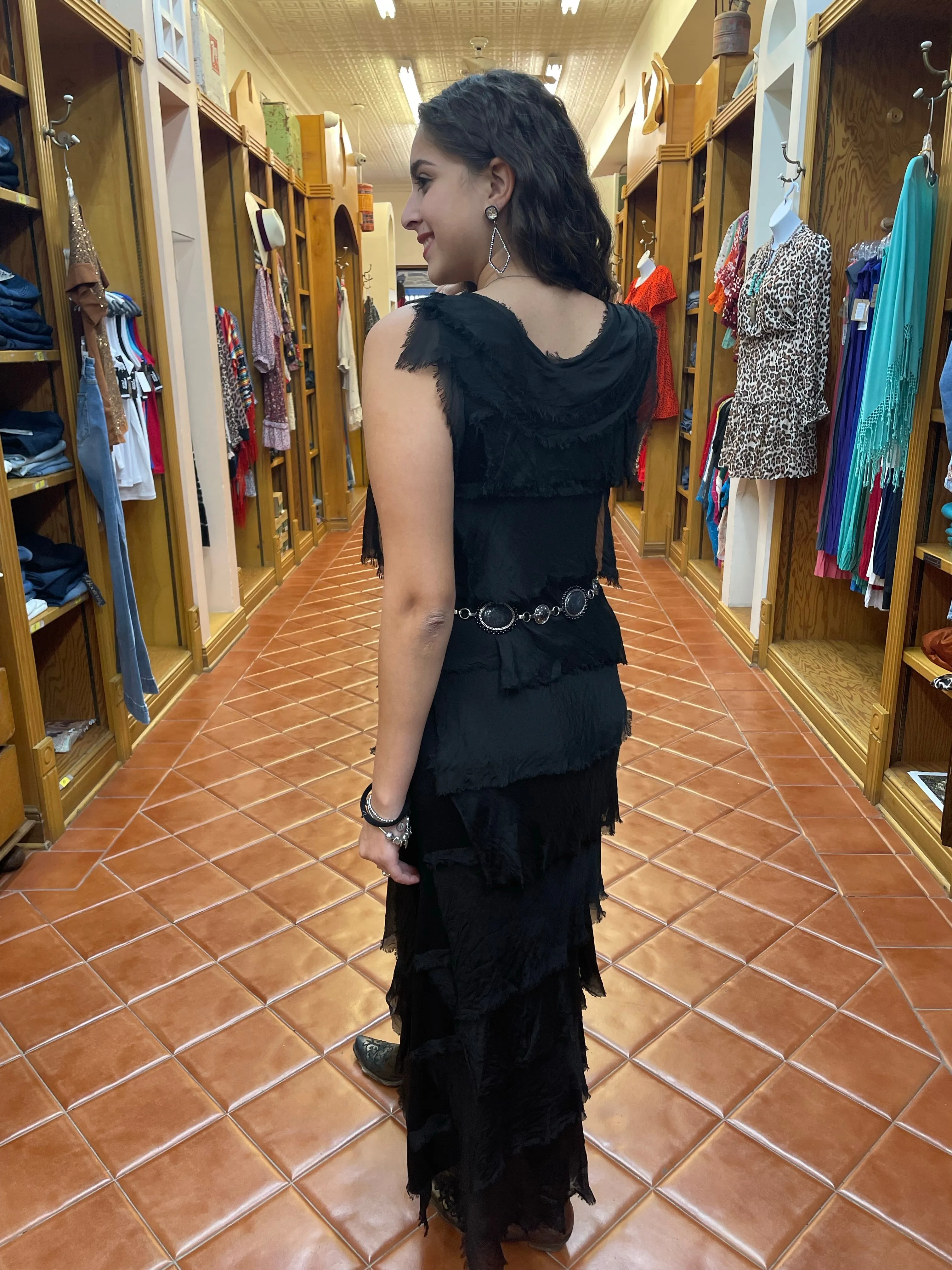 Black Silk Ankle Length Ruffle Dress