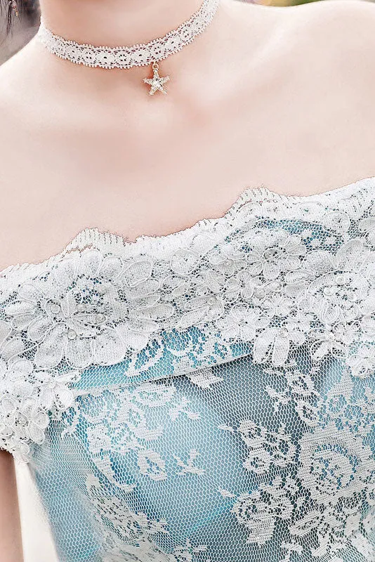 Blue tulle lace tea length prom dress, blue tulle lace evening dress