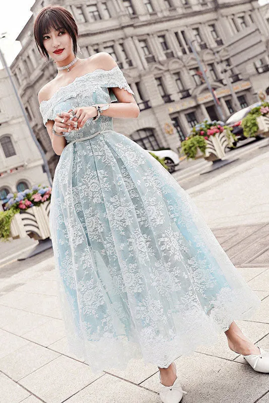 Blue tulle lace tea length prom dress, blue tulle lace evening dress