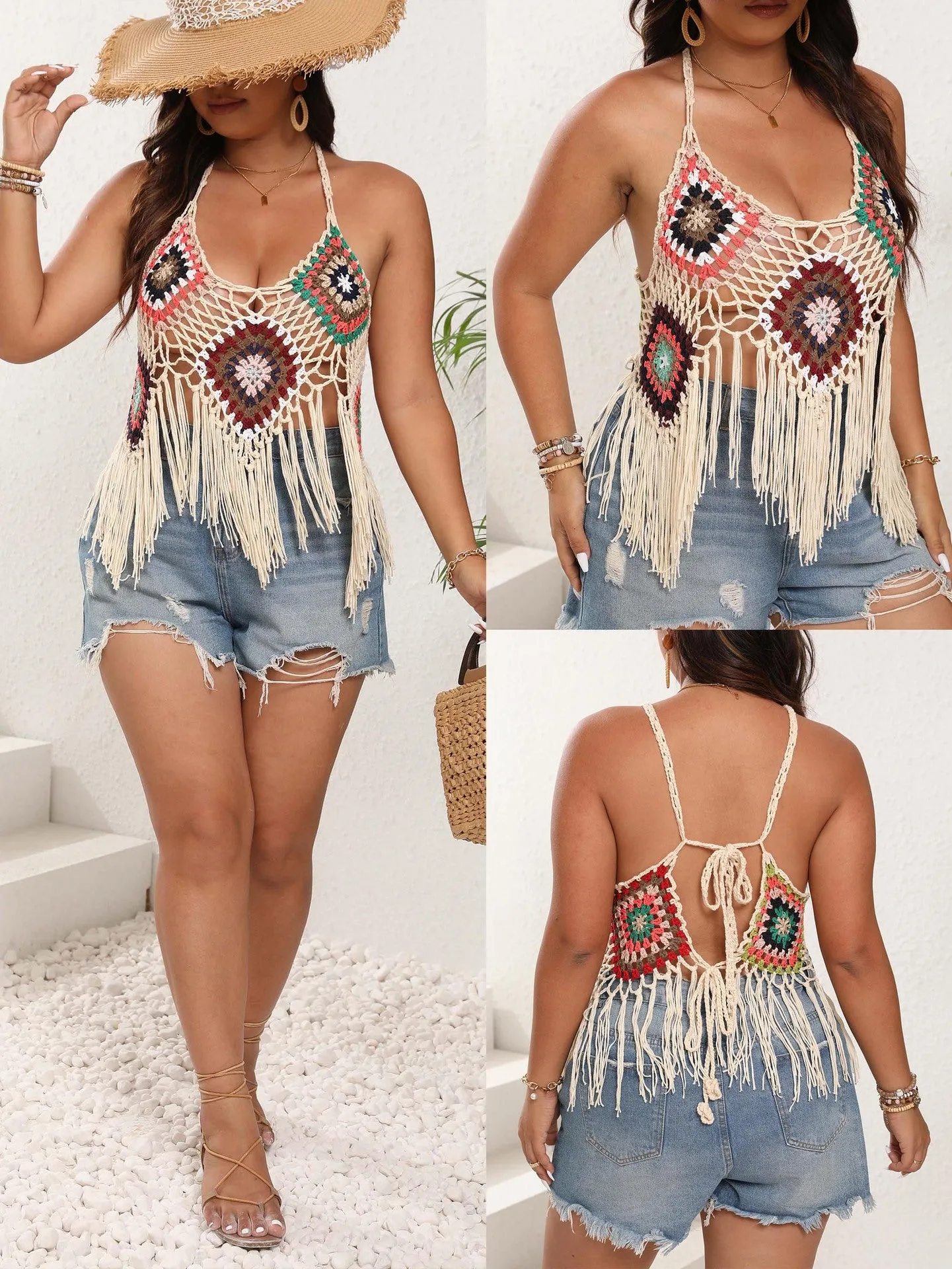 Boho-Chic Crochet Tassel Halter Top With Lace-Up Back