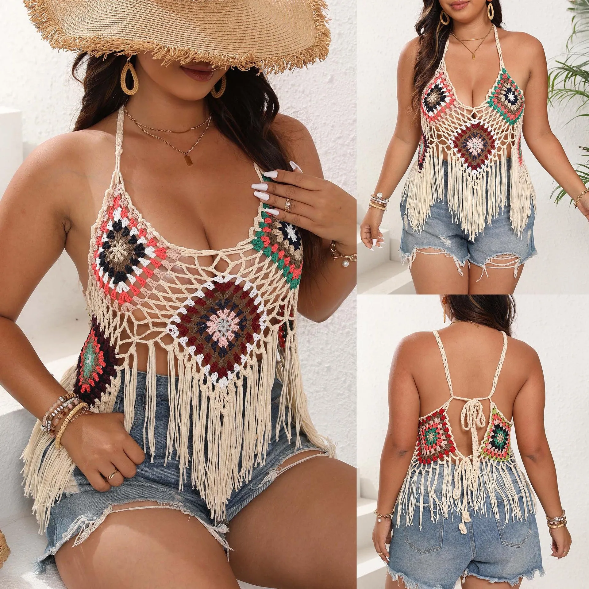 Boho-Chic Crochet Tassel Halter Top With Lace-Up Back