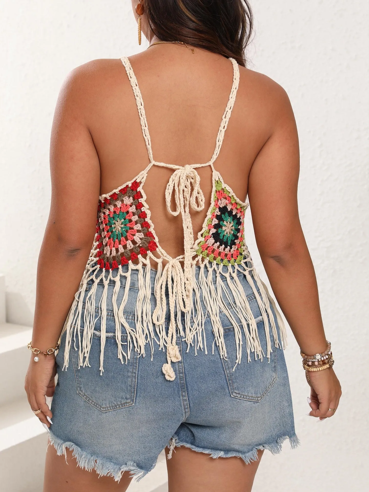 Boho-Chic Crochet Tassel Halter Top With Lace-Up Back