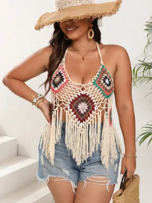 Boho-Chic Crochet Tassel Halter Top With Lace-Up Back