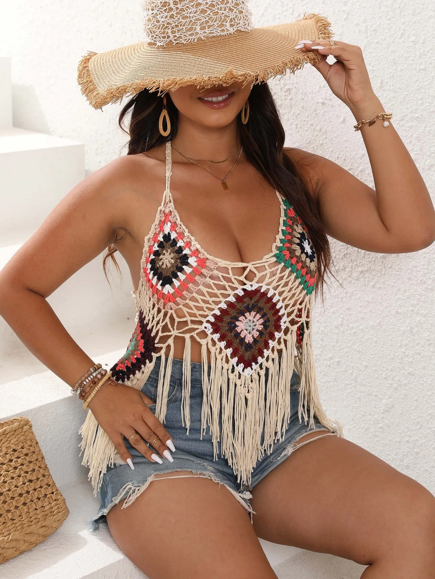 Boho-Chic Crochet Tassel Halter Top With Lace-Up Back