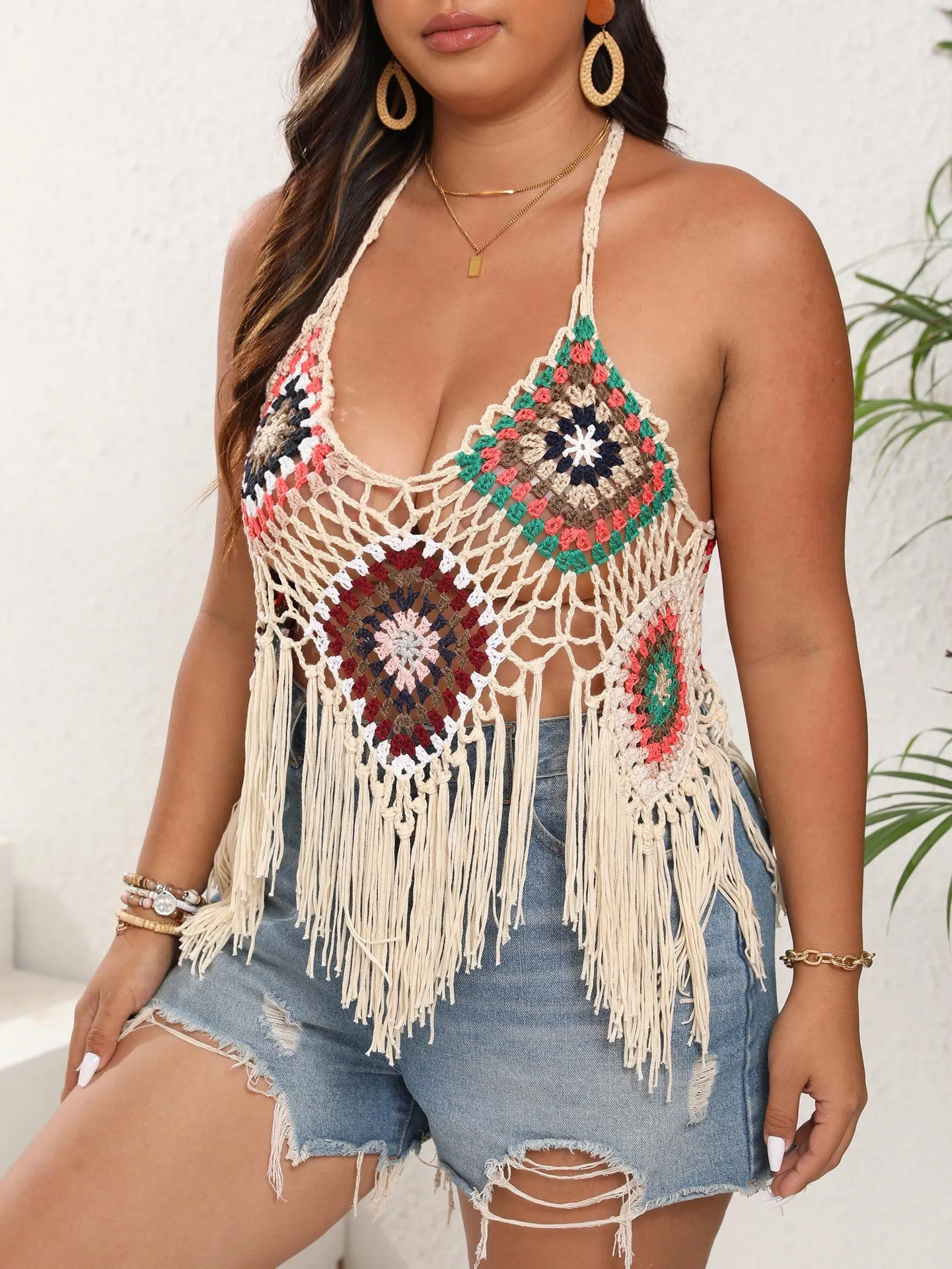 Boho-Chic Crochet Tassel Halter Top With Lace-Up Back