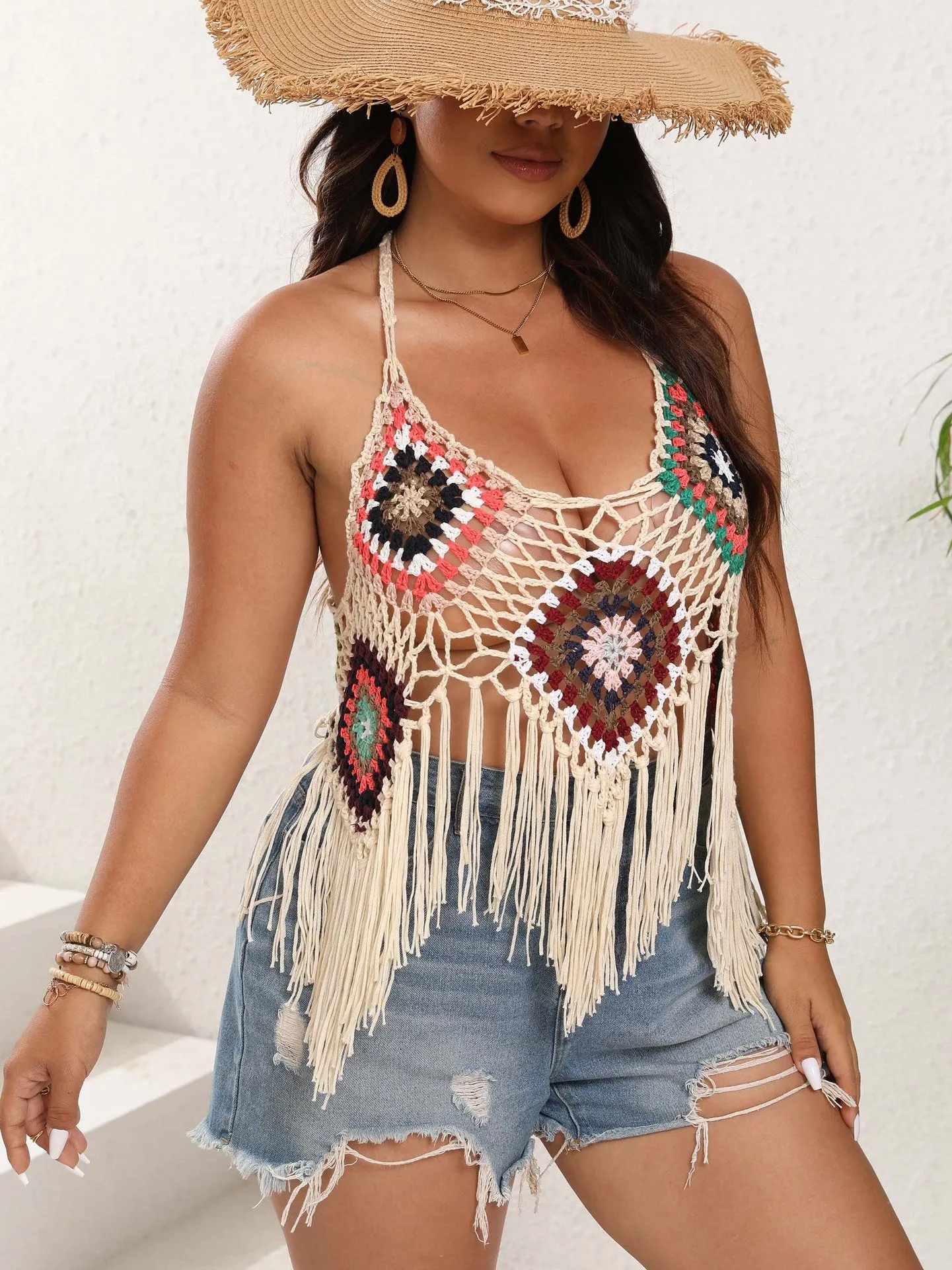 Boho-Chic Crochet Tassel Halter Top With Lace-Up Back