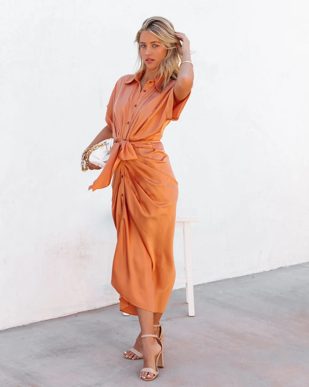 Bold Babe Essence Satin Tie Front Midi Shirt Dress – Orange