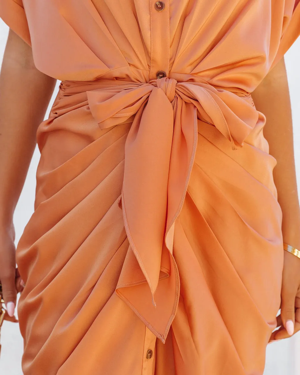 Bold Babe Essence Satin Tie Front Midi Shirt Dress – Orange