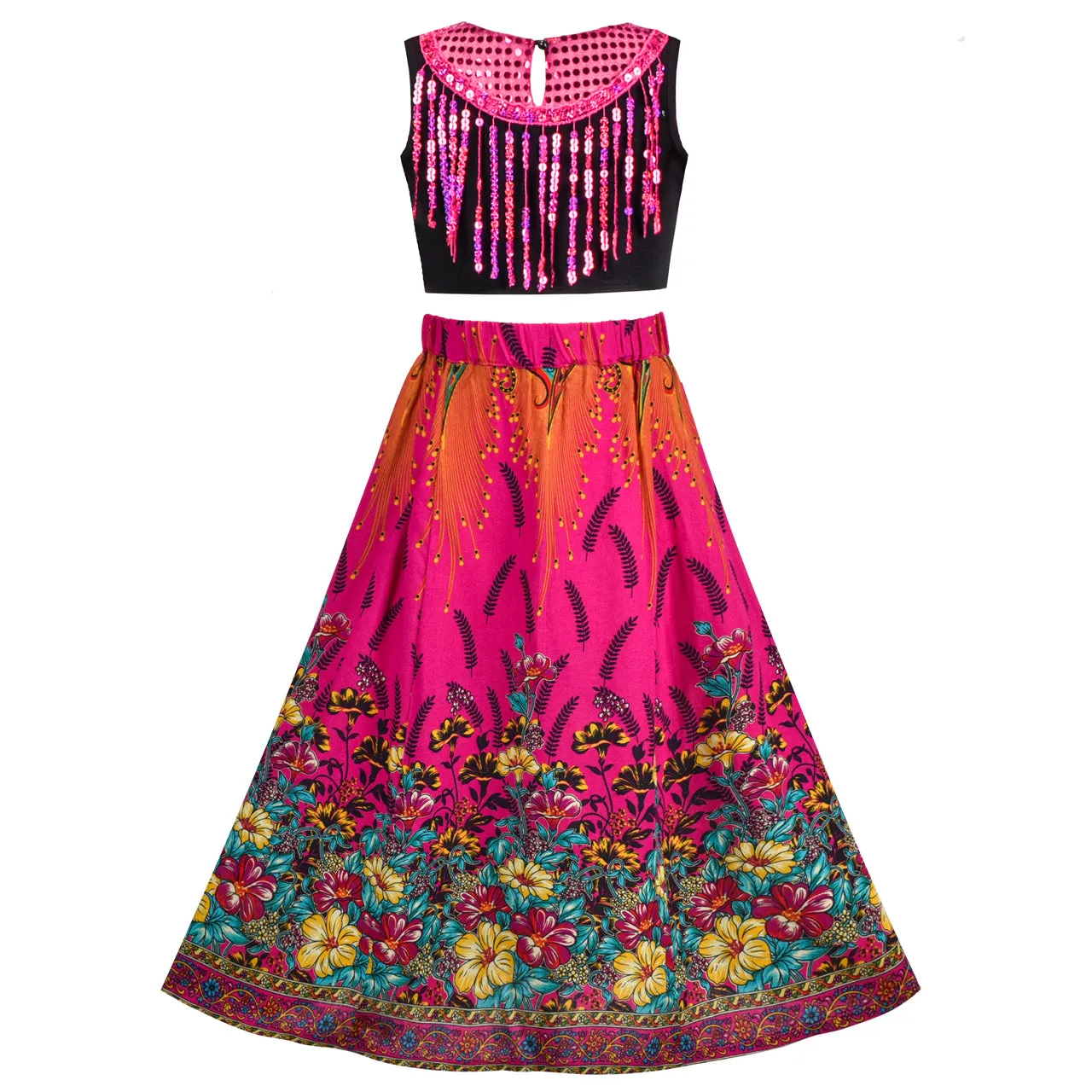 Bollywood India Girl Dress 2 Piece Floral Tassel Ethnic Size 6-12 Years