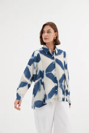 Boxy Pleat Shirt  - Blue Diamond Print